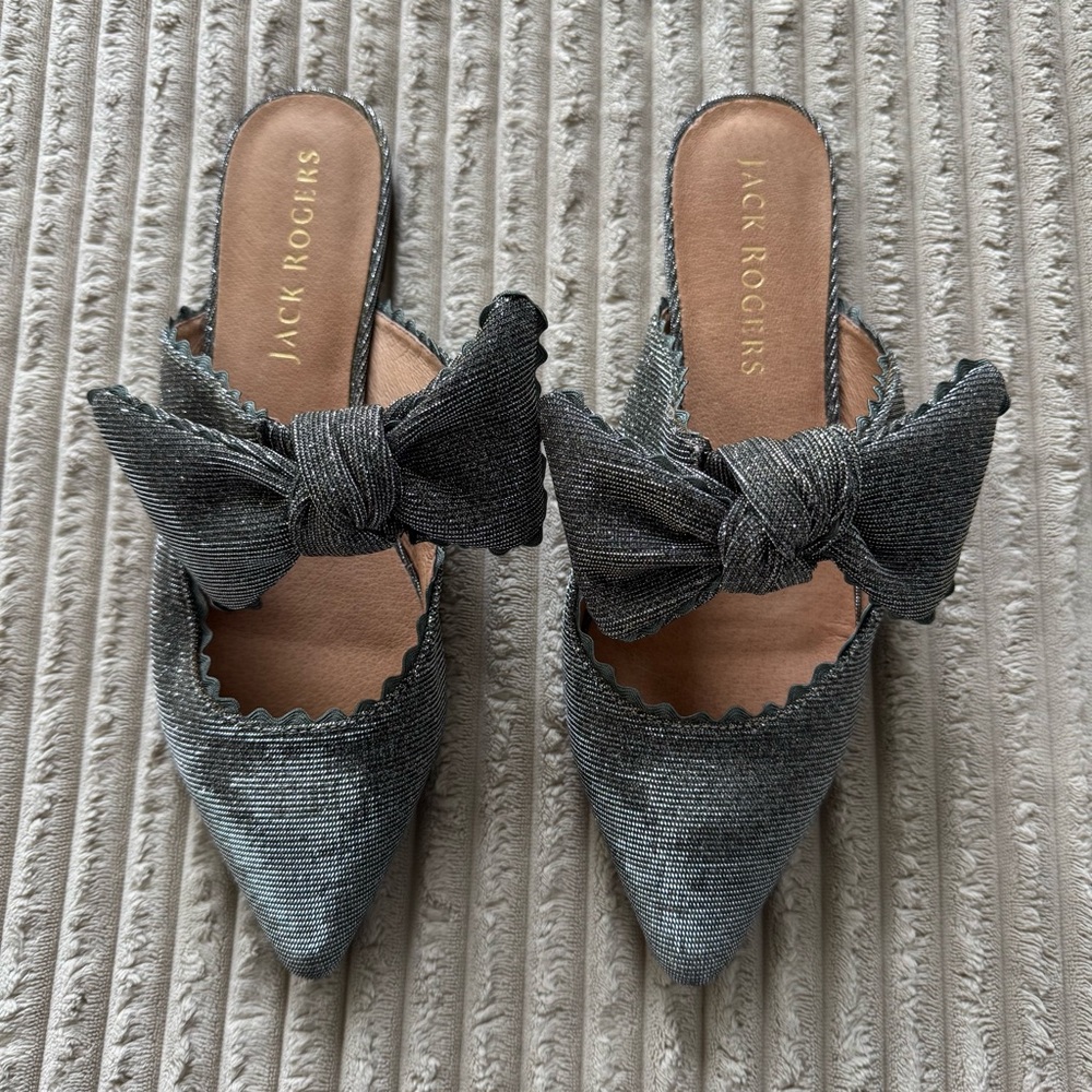 Jack Rogers Black Metallic Big Bow Mule Ric Rac Scallop